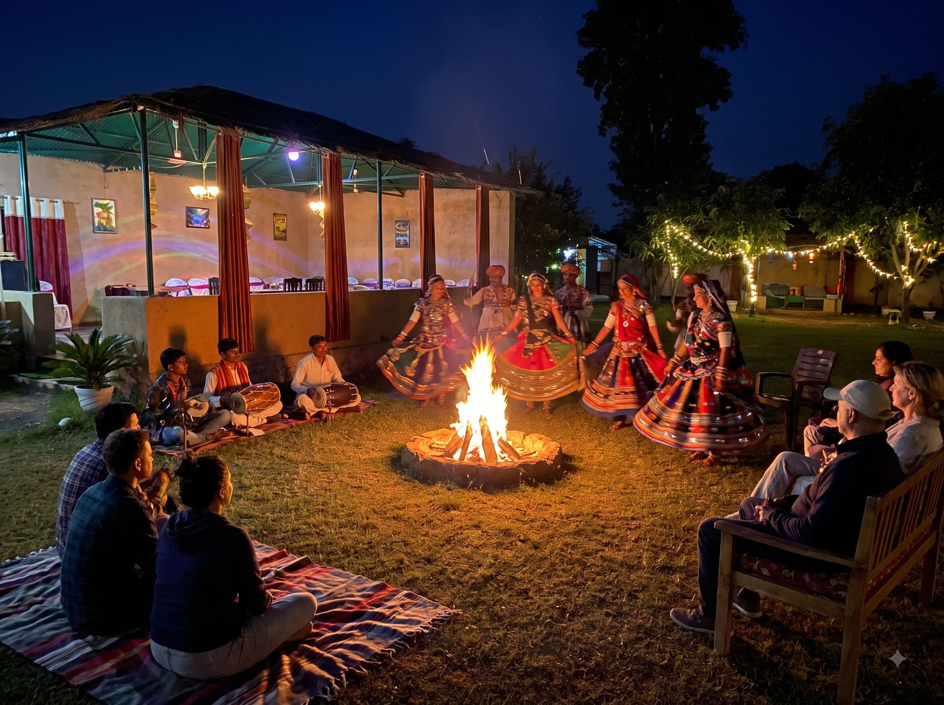 Tribal dance around an evening bonfire