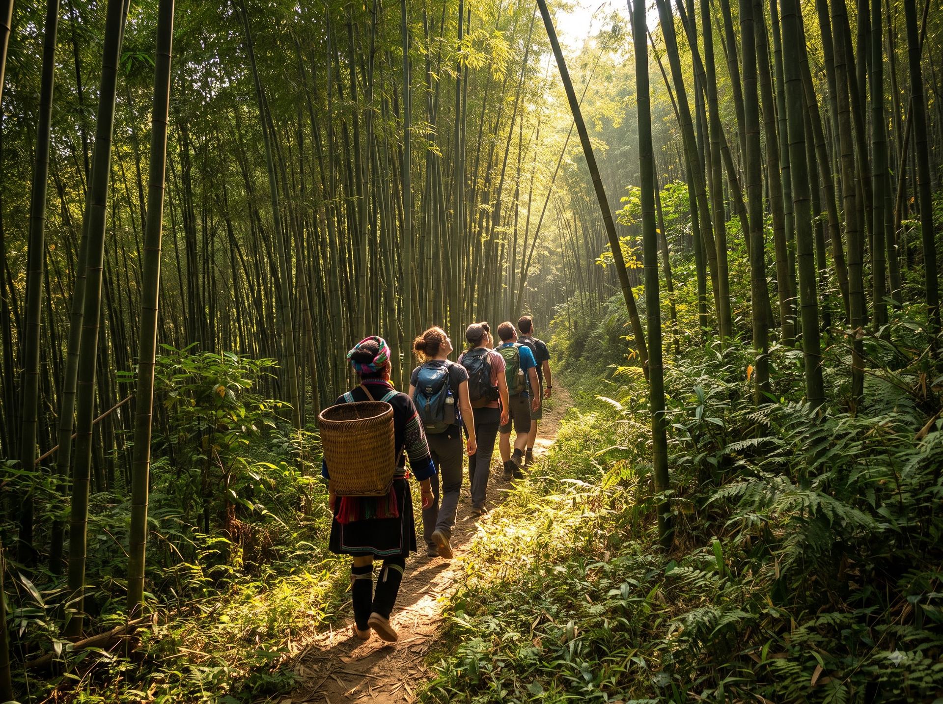 Guests on a guided nature walk through a bamboo forest