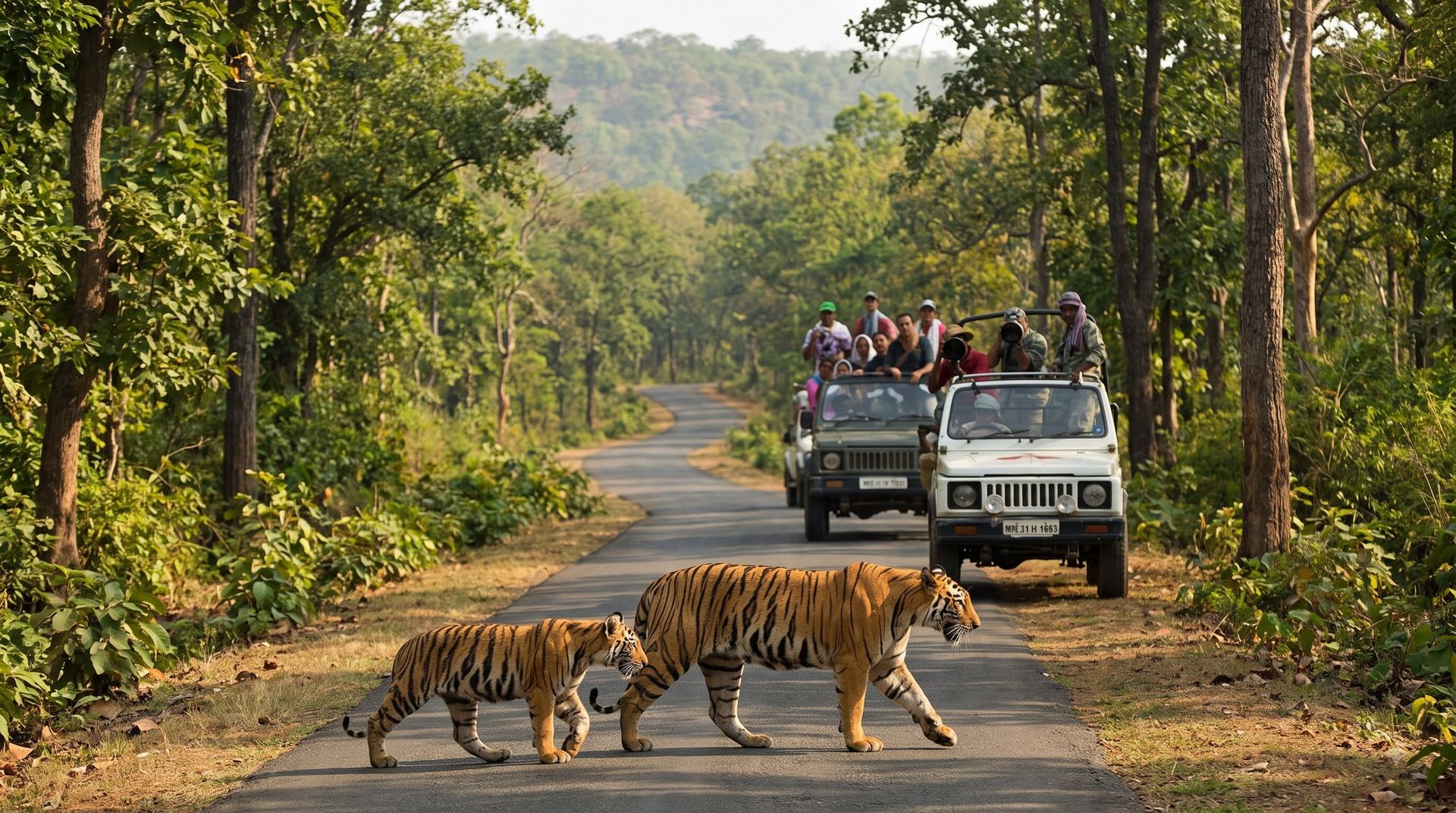 Safari Gypsies stopped on a forest road as a tiger crosses in Bandhavgarh