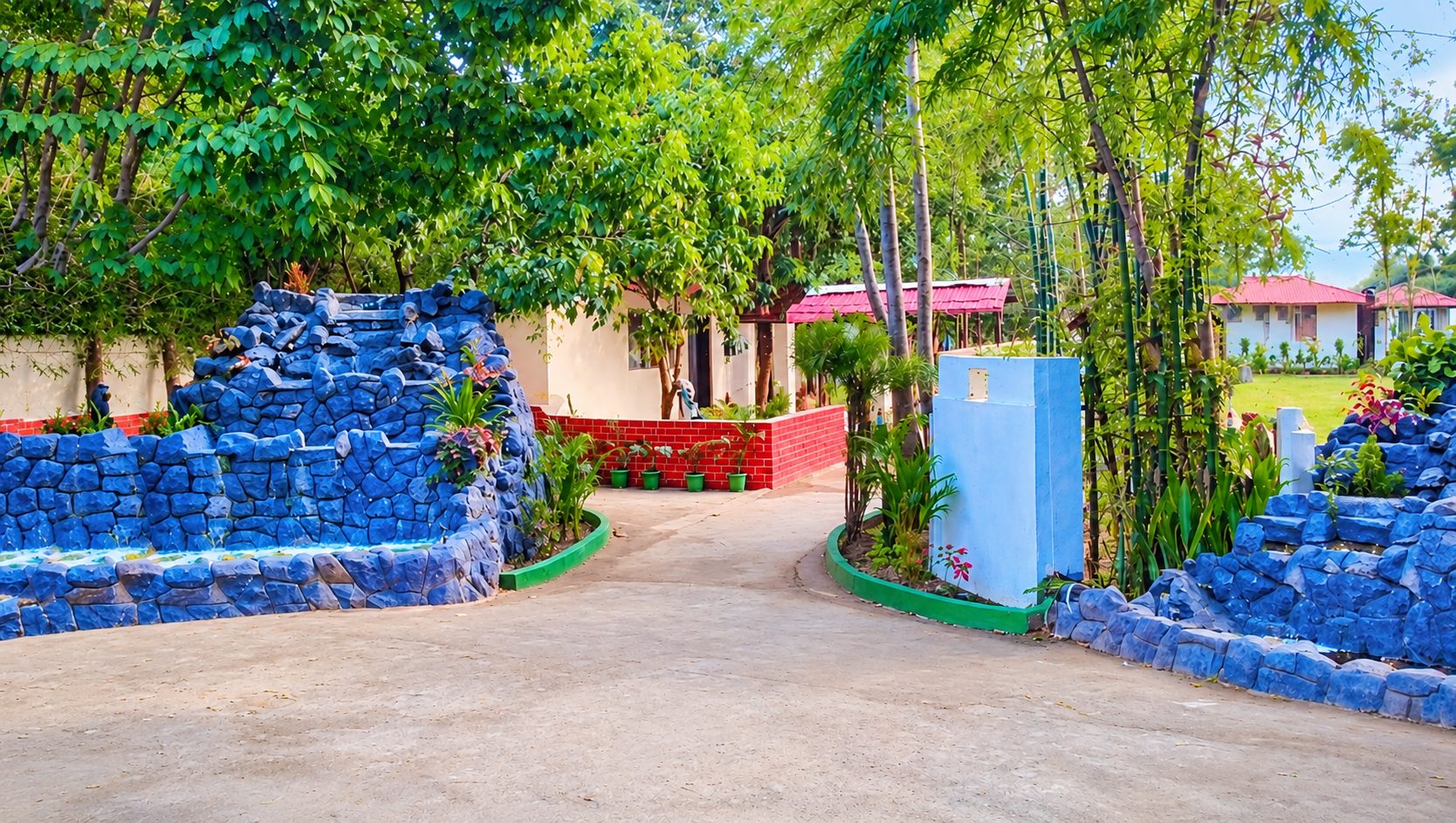 Blue stone garden and path to the rooms